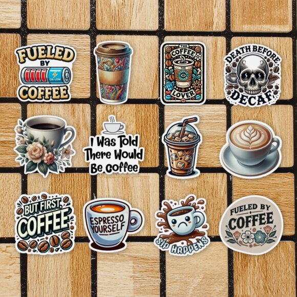 Funny Coffee Sticker Pack of 12 Vinyl Stickers Waterproof Die Cut Sticker Set - Picture 1 of 4